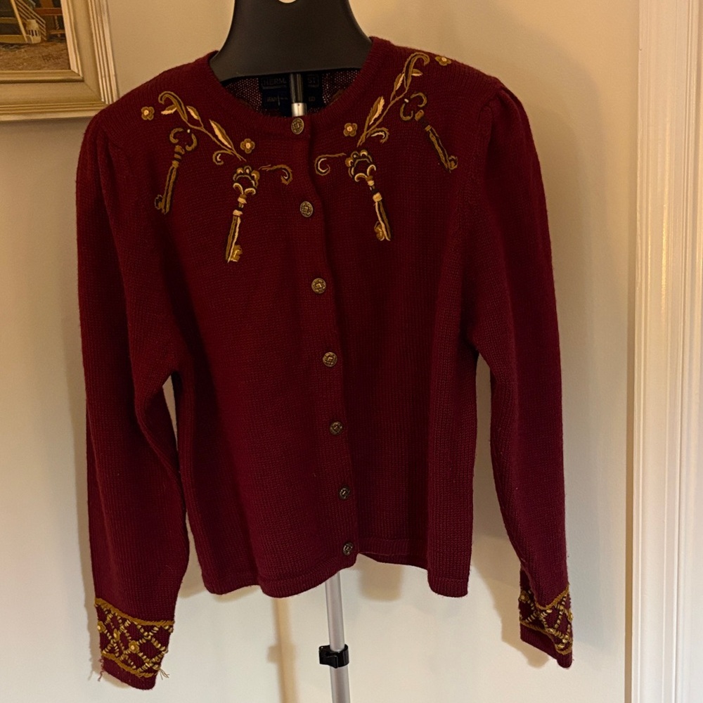 Herman Geist Hand Embroidered 100% Wool Cardigan Bronze Buttons Size:M